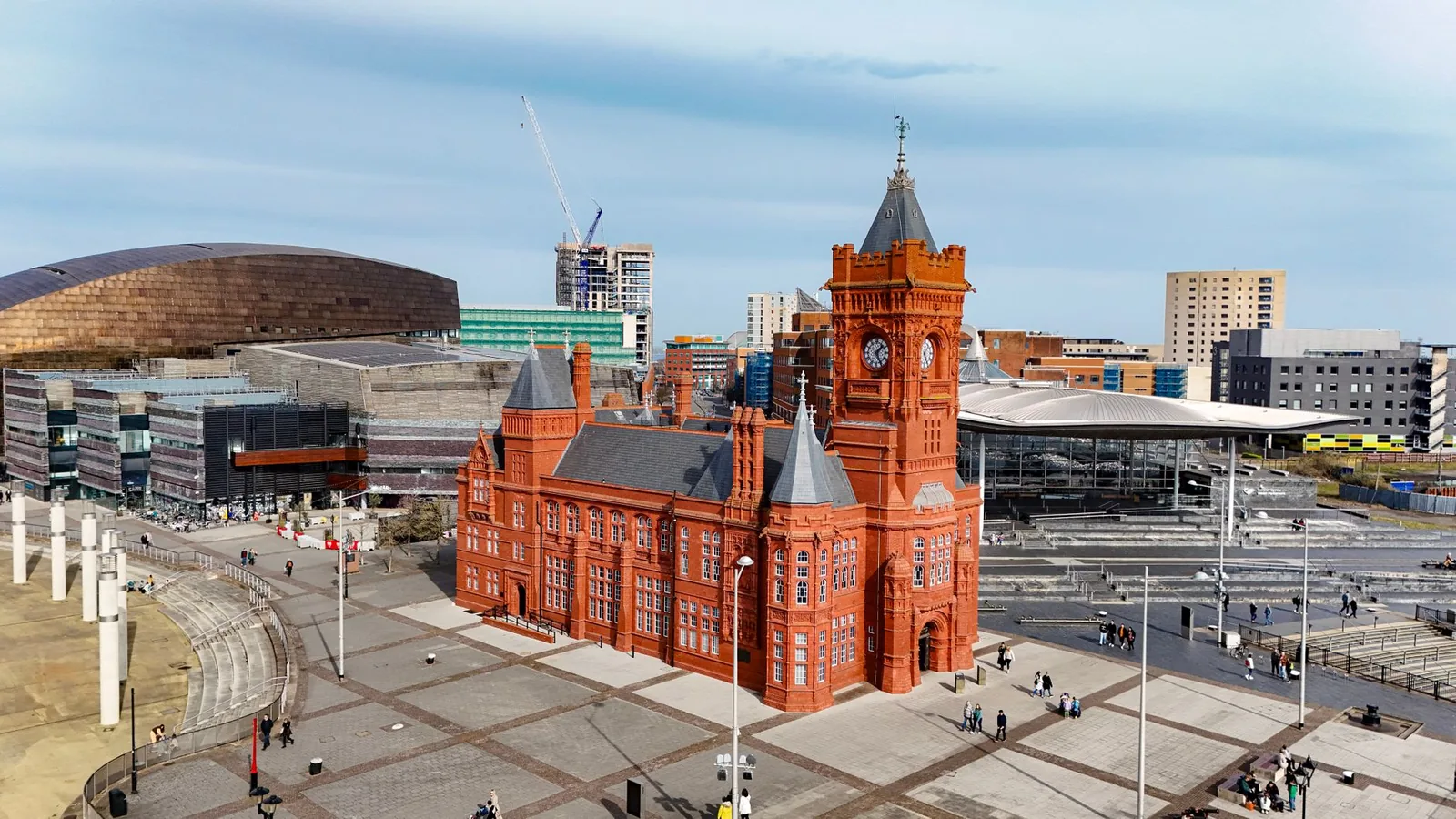 The red-brick Pierhead Building beside the Wales Millennium Centre at Cardiff Bay