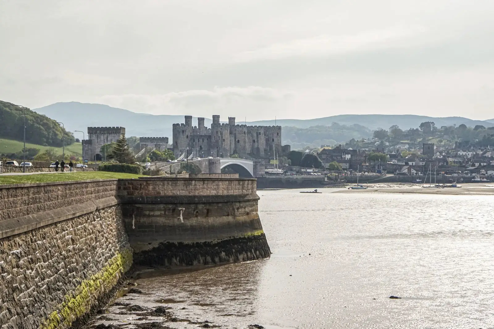 Conwy Castle above the estuary with its round towers and neighbouring bridges