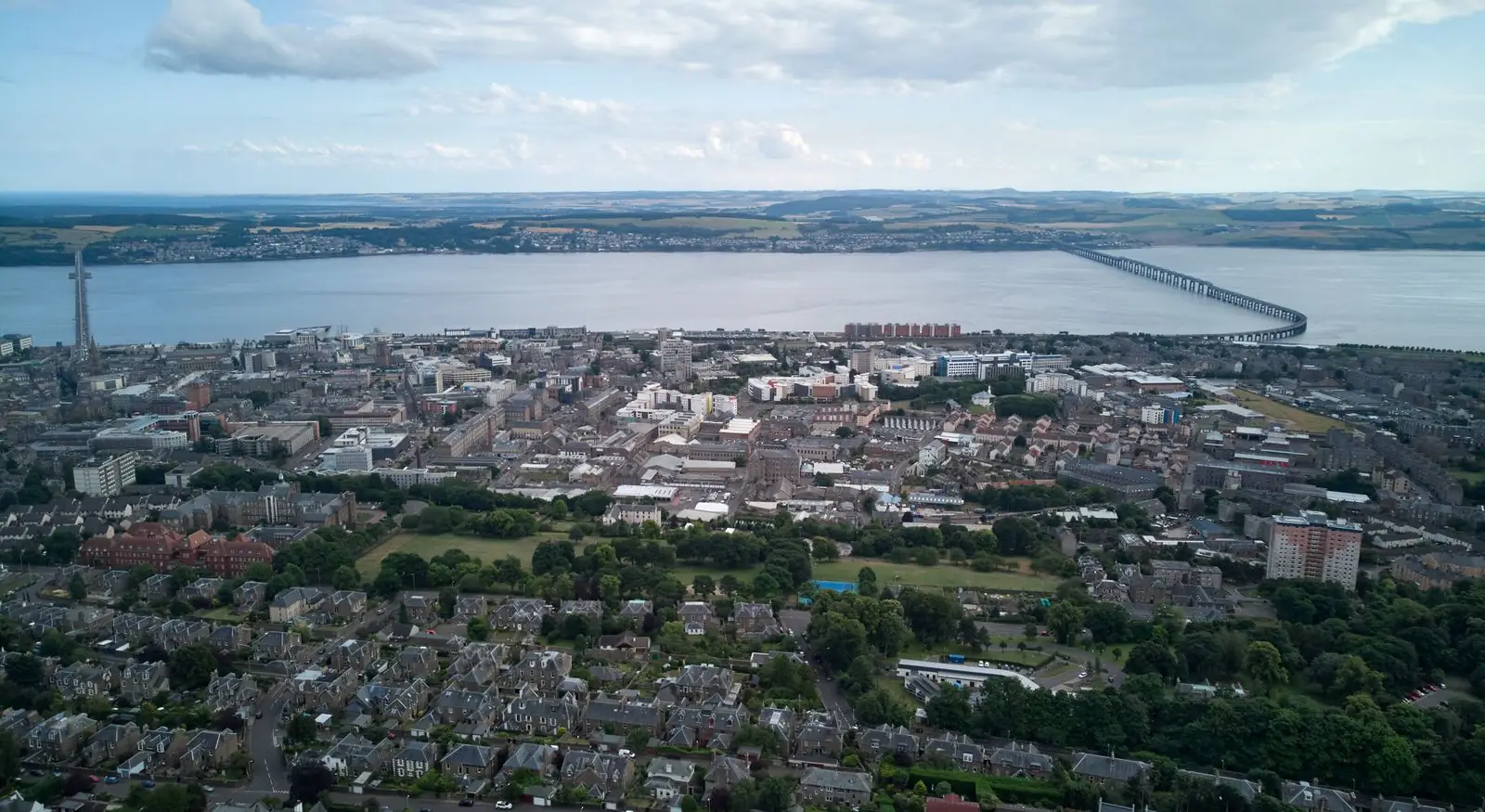 Aerial view of Dundee buildings and the Tay estuary