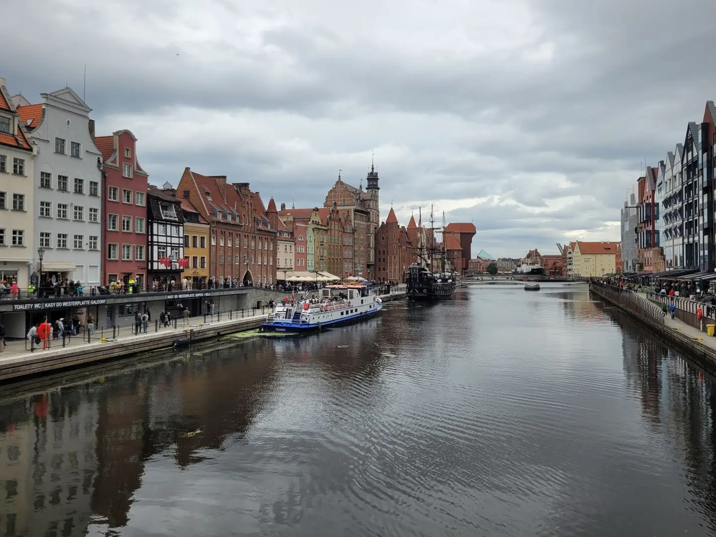 Gdańsk’s Motława waterfront with historic façades, St Mary’s Gate and the Crane farther along the river