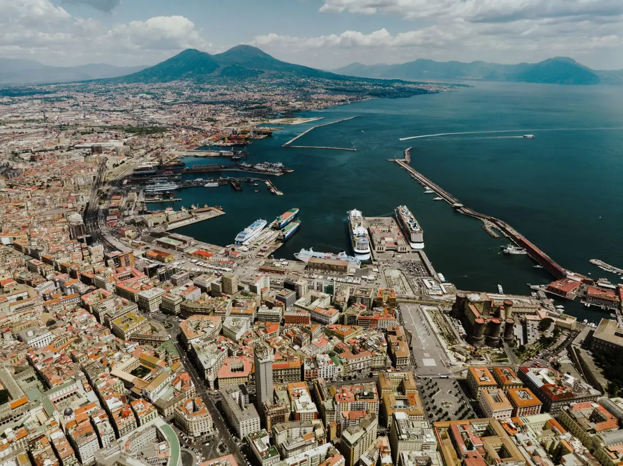 Naples harbour, city and Mount Vesuvius seen from above
