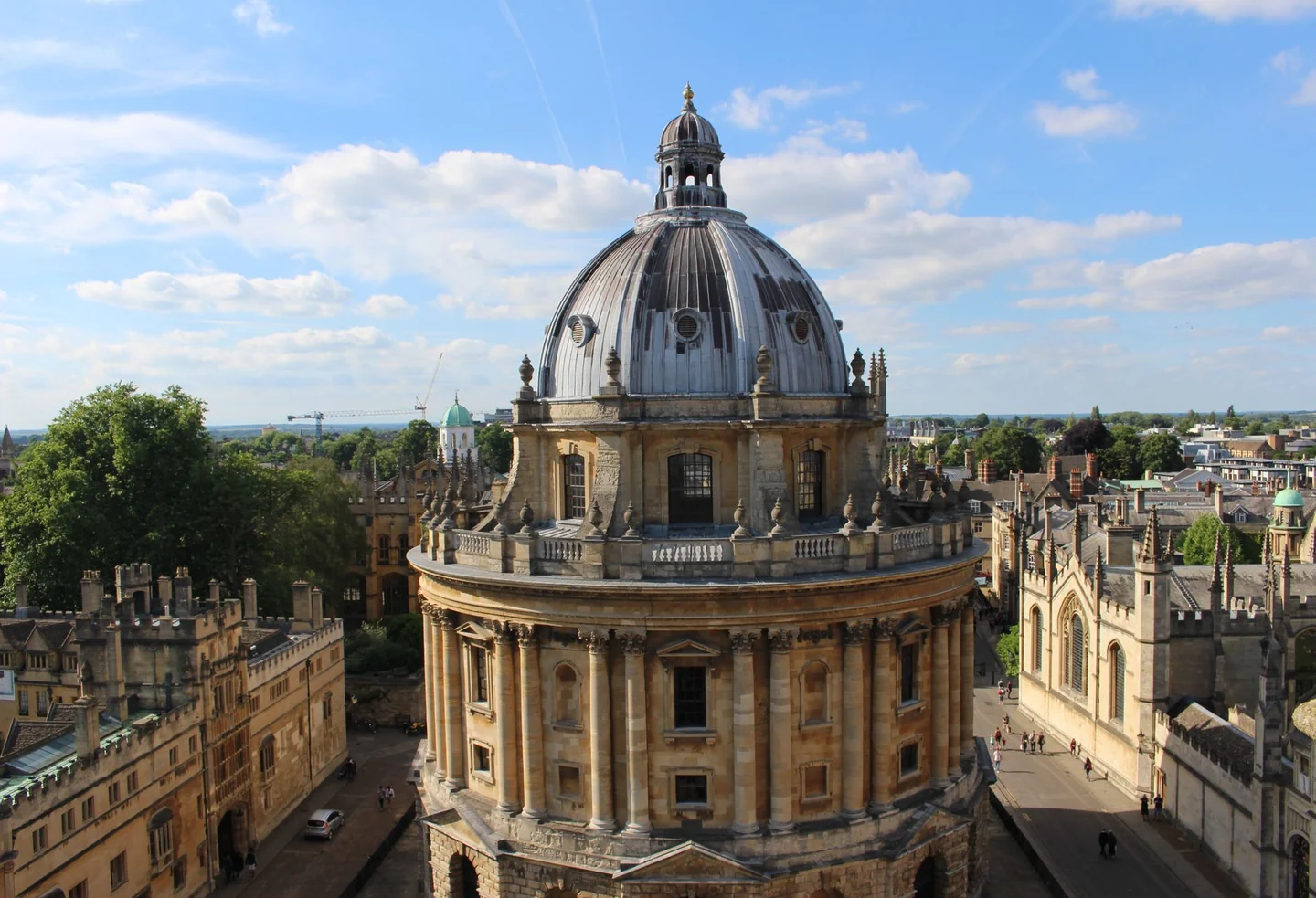 The Radcliffe Camera dome and surrounding Oxford college buildings from above