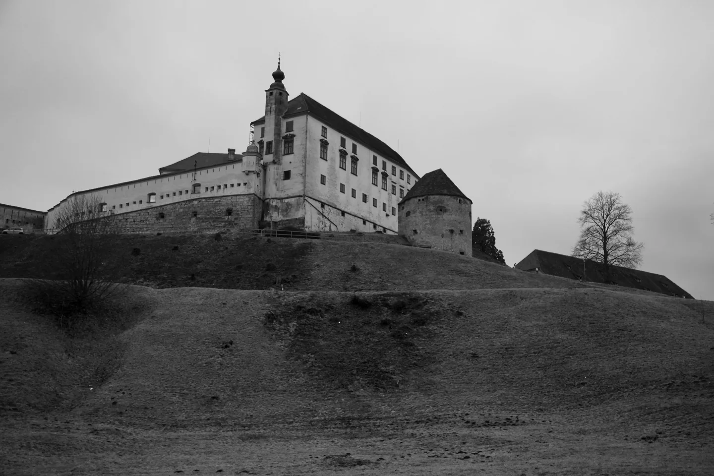 Black-and-white view of Ptuj Castle above its grassy hill