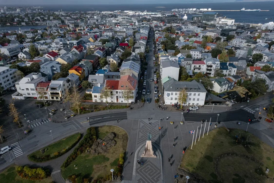 Aerial view over Reykjavik streets and colourful rooftops