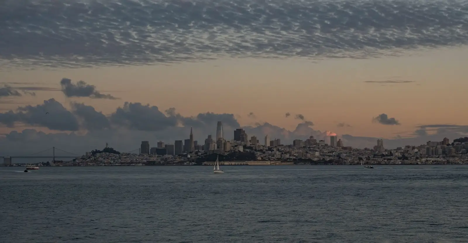San Francisco across the bay, with the Transamerica Pyramid, Salesforce Tower and Bay Bridge