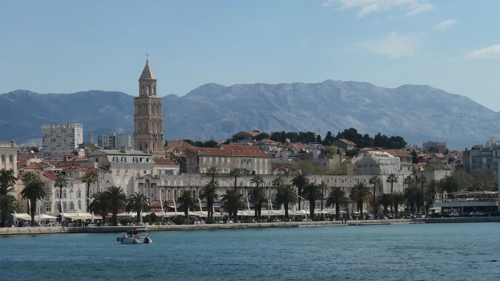 Split waterfront and cathedral bell tower seen from the sea