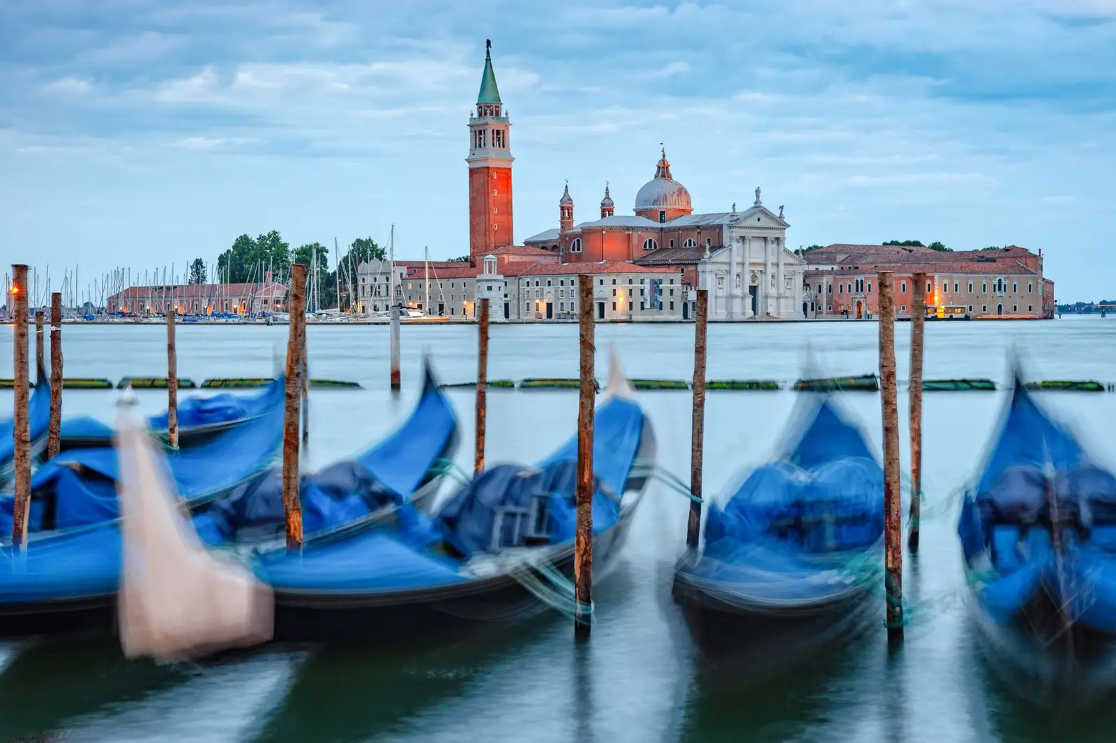 Moored gondolas looking towards San Giorgio Maggiore in Venice