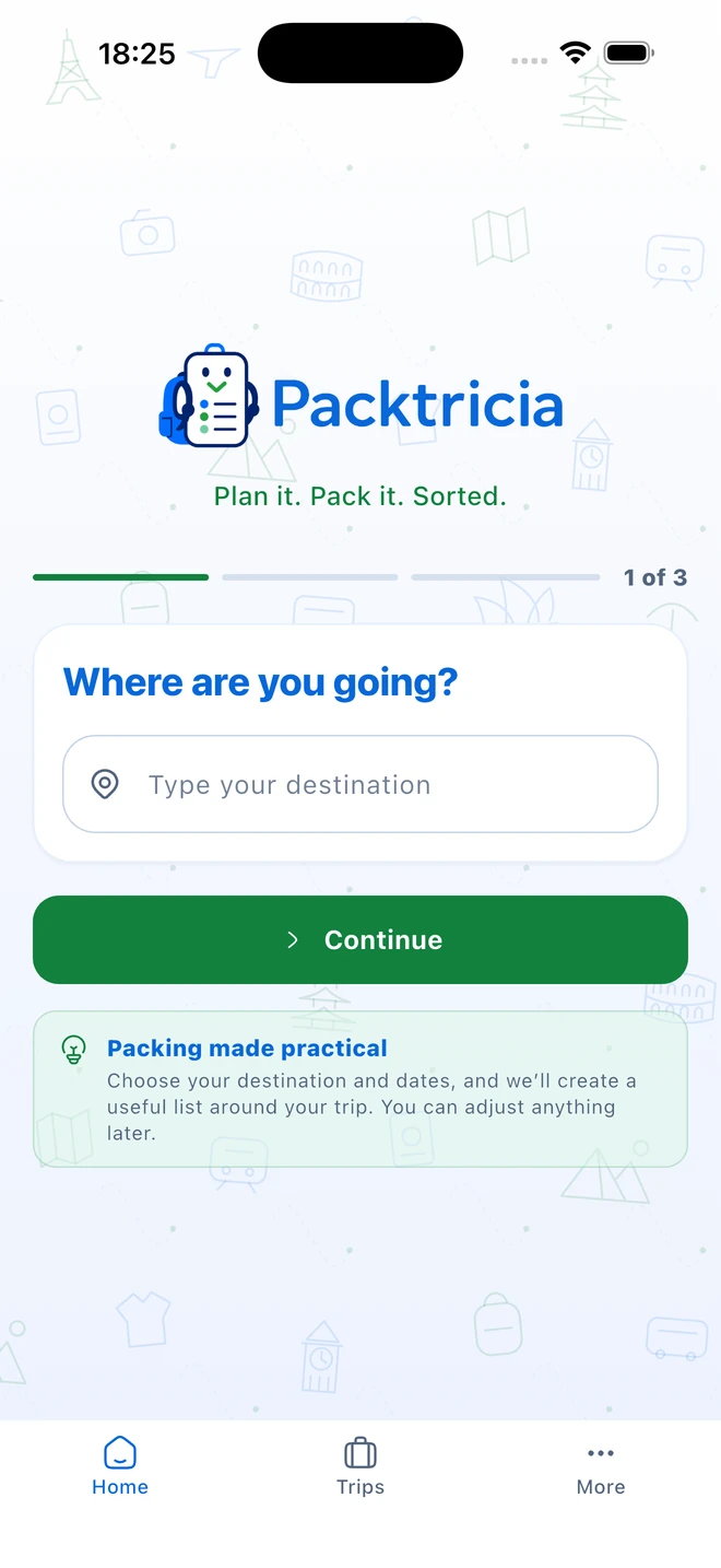 Packtricia destination setup screen